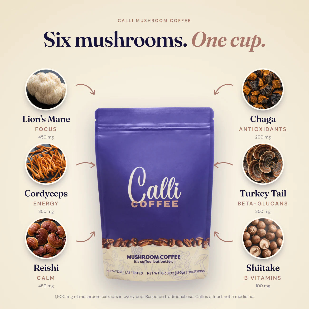 The six mushrooms in Calli: Lion's Mane 450 mg, Cordyceps 350 mg, Reishi 450 mg, Chaga 200 mg, Turkey Tail 350 mg and Shiitake 100 mg