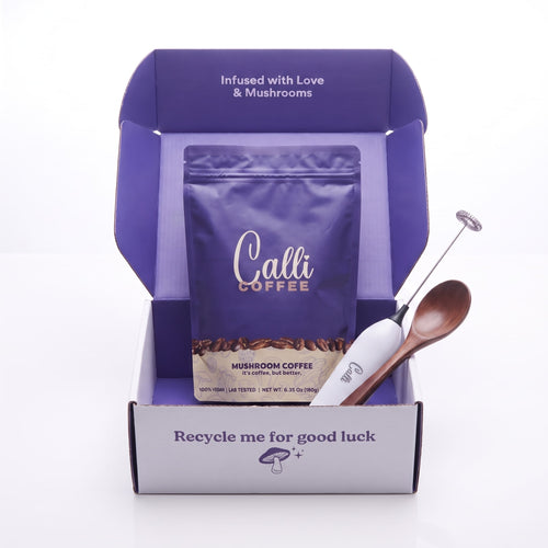 Calli Mushroom Coffee Starter Kit box with pouch, frother and wooden spoon
