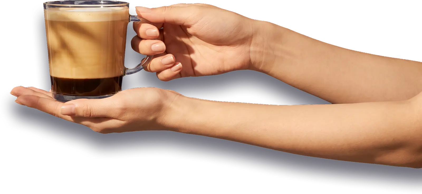 Two hands offering a glass mug of Calli coffee