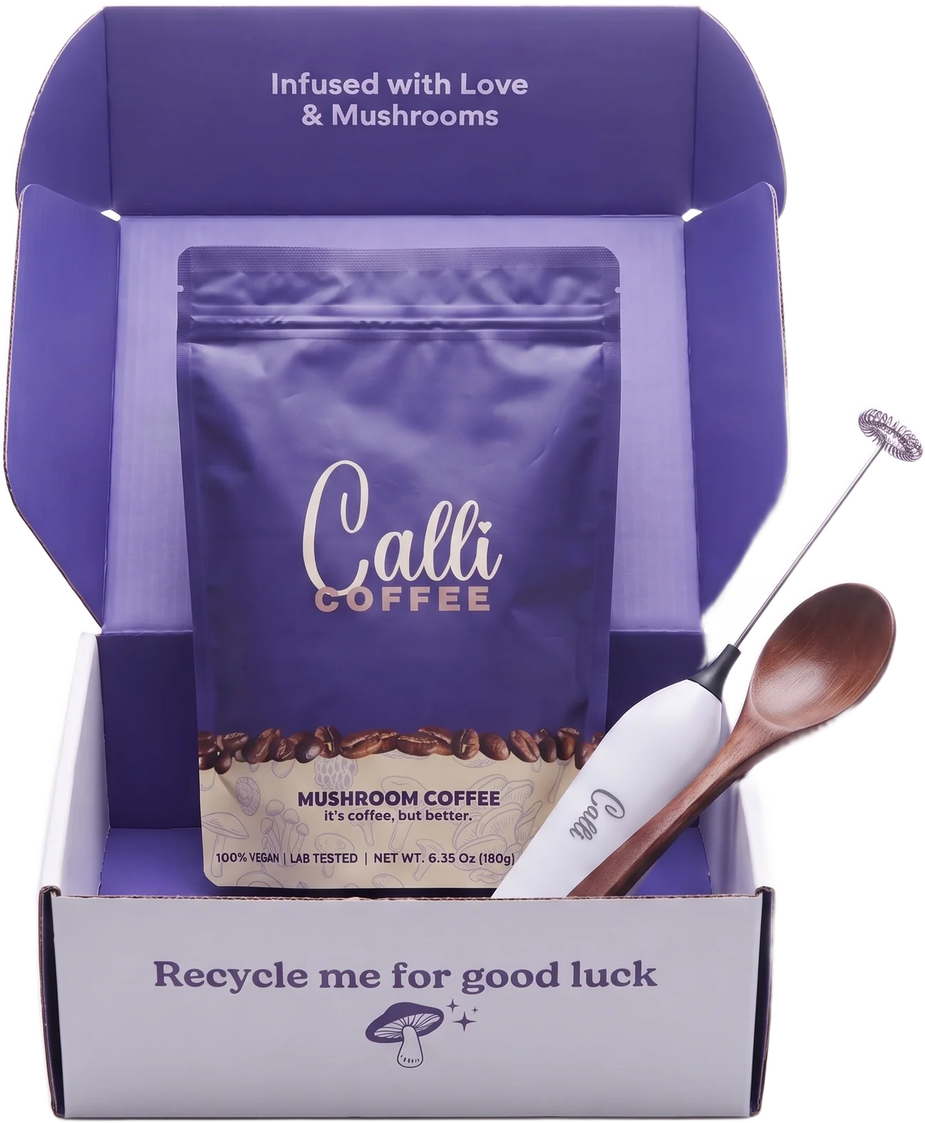 Calli Starter Kit: open mailer box with the mushroom coffee pouch, wooden spoon and milk frother