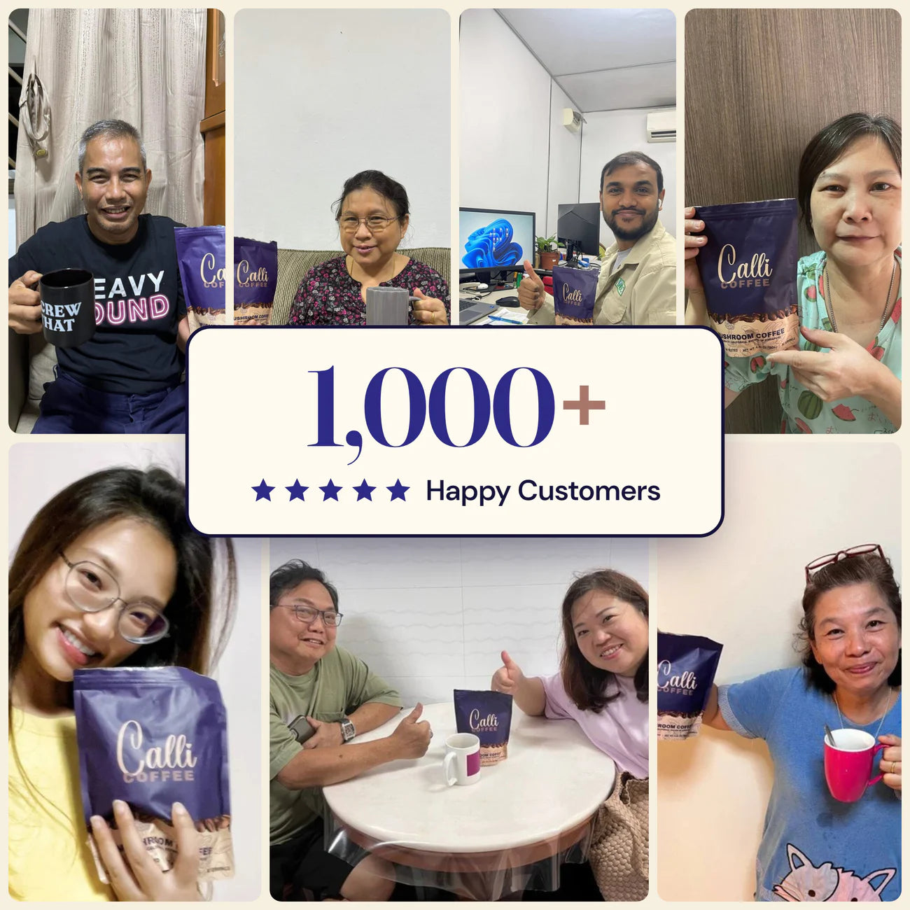 1,000+ happy customers: seven Calli customers in Singapore holding their pouch of Calli