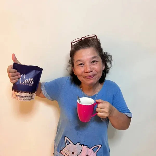 Alice Ng with a pouch of Calli coffee