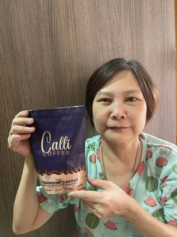 Susan Lim with a pouch of Calli coffee